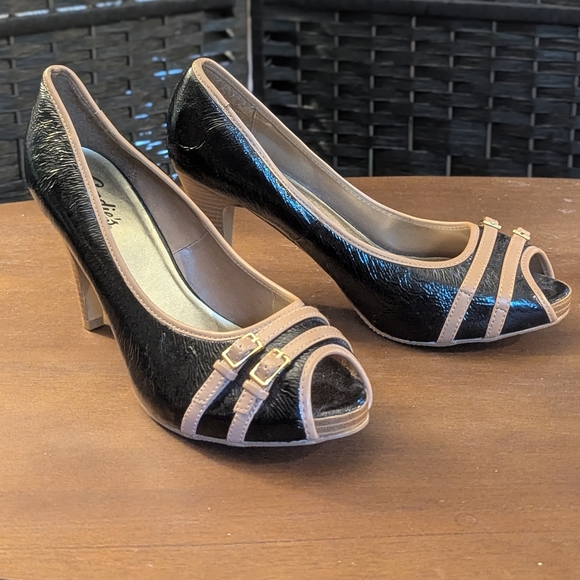 Candie's Black Tan Peep-Toe Stiletto High Heels 4" Striped Details 10 Retro Shoe - Picture 1 of 8